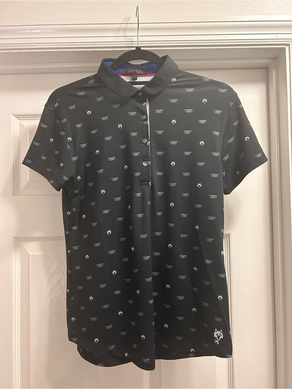 Greyson Performance Dry-fit Black Unisex Polo w/ White Wolves & Cadillac Logos